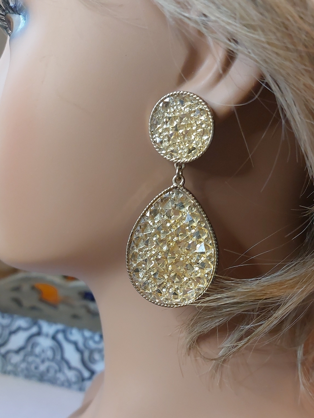 Gold Faux Druzy Acrylic Crystal Teardrop Pierced Post Dangle Earrings 2.5"